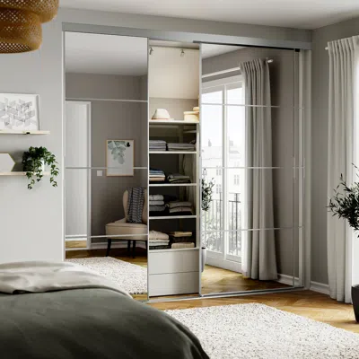 Ikea Skytta / Auli Sliding Door, Aluminum/mirror Glass, 98 7/8x94 1/2 "
