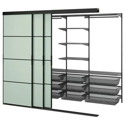 Ikea Skytta / Boaxel Walk-in Wardrobe With Sliding Doors, Black Anthracite/mehamn Light Green, 98 7/8x45 
