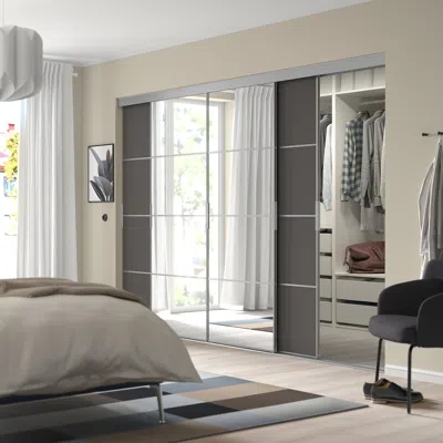Ikea Skytta / Mehamn/auli Sliding Door, Aluminum/dark Gray Mirror Glass, 118 1/2x80 1/2 "