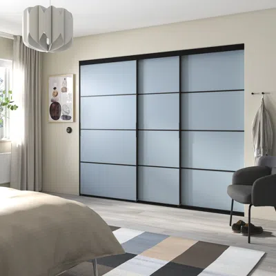 Ikea Skytta / Pax Walk-in Wardrobe With Sliding Doors, Black Dark Gray/mehamn Light Blue, 108 5/8x63x80 1