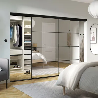 Ikea Skytta / Pax Walk-in Wardrobe With Sliding Doors, Black/auli Mirror Glass, 108 5/8x63x80 1/2 "