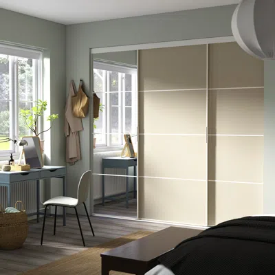 Ikea Skytta / Pax Walk-in Wardrobe With Sliding Doors, White Mehamn/auli/gray-beige Mirror Glass, 98 7/8x