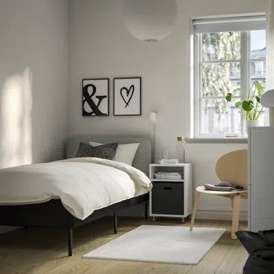 Ikea Slattum Upholstered Bed Frame, Vissle Dark Gray/incl Slipcover For Headboard Öreryd Gray/beige, Twin In Black