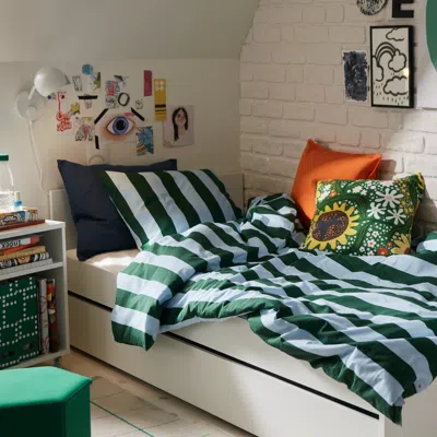 Ikea Slånhöstmal Duvet Cover And Pillowcase(s), Light Blue Dark Green/stripe, Twin