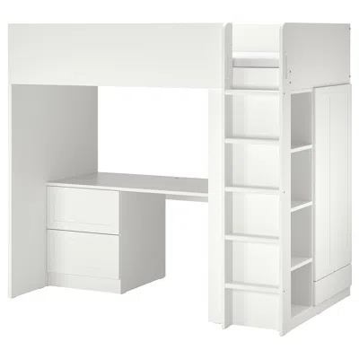 Ikea Småstad Loft Bed, White With Frame/with Desk With 3 Drawers, Twin