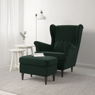Ikea Strandmon Armchair And Ottoman, Djuparp Dark Green
