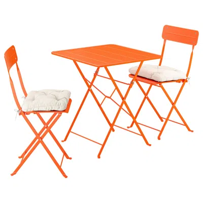 Ikea Sundsö Table And 2 Folding Chairs, Outdoor Bright Orange/bright Orange Kuddarna Light Gray-beige, 25