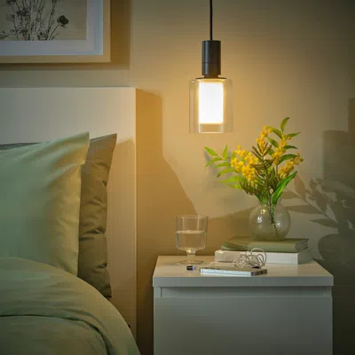 Ikea Sunneby / Molnart Pendant Lamp With Led Bulb, Black Textile/cylinder Stripe, Height: 8 "