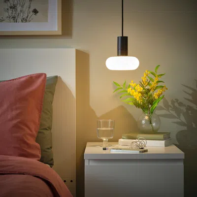 Ikea Sunneby / Molnart Pendant Lamp With Led Bulb, Black/donut-shaped Opal