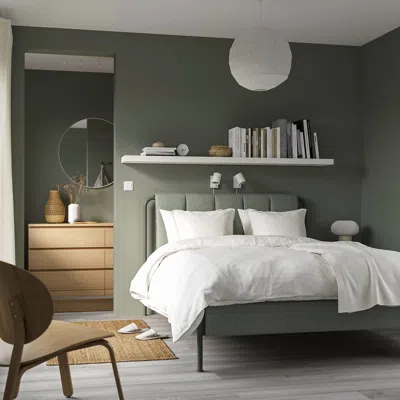 Ikea Tällåsen Upholstered Bed Frame With Mattress, Kulsta Gray-green, Full