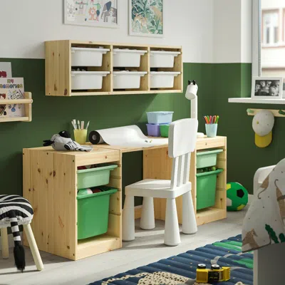 Ikea Trofast Desk With Storage Boxes, Light White Stained Pine/light Green Bright Green, 48 7/8x17 3/8x20