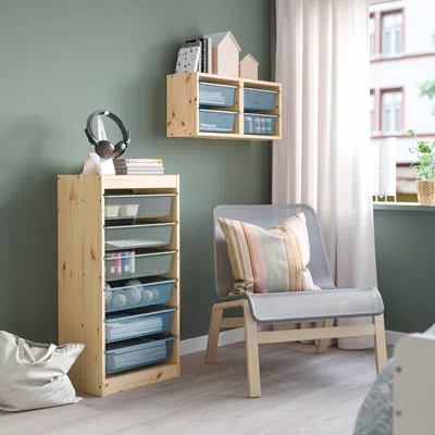 Ikea Trofast Storage Combination With Boxes, Light White Stained Pine Green-gray/gray-blue, 17 3/8x11 3/4