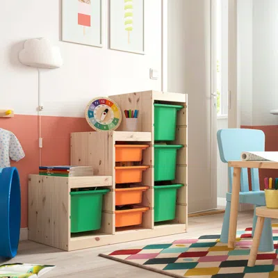 Ikea Trofast Storage Combination With Boxes, Light White Stained Pine Light Orange/bright Green, 37x17 3/