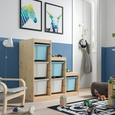 Ikea Trofast Storage Combination With Boxes, Light White Stained Pine White/light Blue, 37x17 3/8x35 7/8 