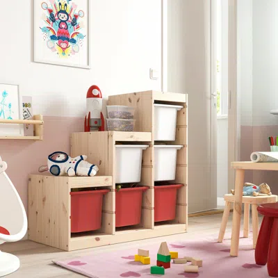 Ikea Trofast Storage Combination With Boxes, Light White Stained Pine White/red, 37x17 3/8x35 7/8 "