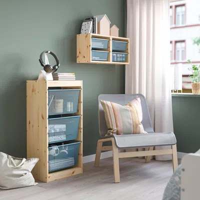 Ikea Trofast Storage Combination With Boxes, Light White Stained Pine/gray-blue, 17 3/8x11 3/4x35 7/8 "