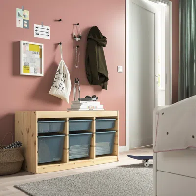 Ikea Trofast Storage Combination With Boxes, Light White Stained Pine/gray-blue, 36 5/8x17 3/8x20 1/2 "