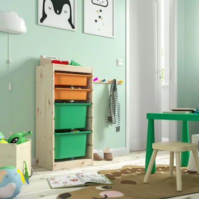 Ikea Trofast Storage Combination With Boxes, Light White Stained Pine/light Orange Bright Green, 17 3/8x1