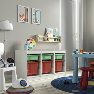Ikea Trofast Storage Combination With Boxes, White Light Green/red, 39x17 3/8x22 "