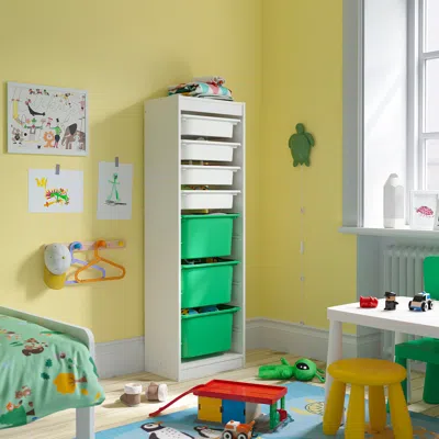 Ikea Trofast Storage Combination With Boxes, White White/bright Green, 18 1/8x11 3/4x57 1/8 "