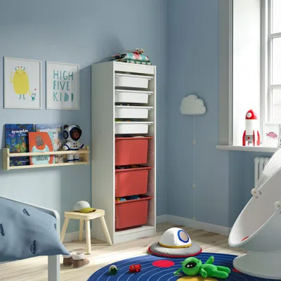 Ikea Trofast Storage Combination With Boxes, White White/red, 18 1/8x11 3/4x57 1/8 "