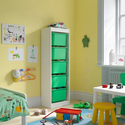 Ikea Trofast Storage Combination With Boxes, White/bright Green, 18 1/8x11 3/4x57 1/8 "