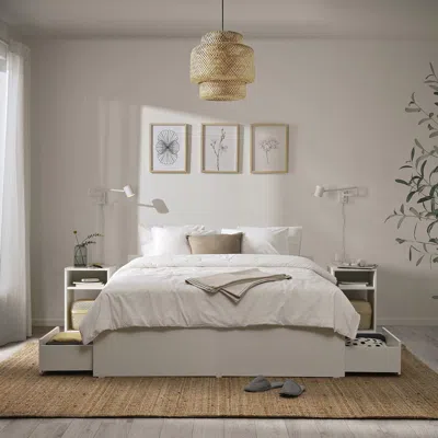 Ikea Vihals Bed Frame With 4 Storage Boxes, White/luröy, Queen