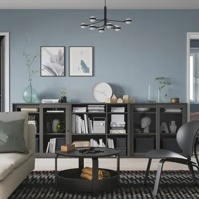 Ikea Vihals Storage Combination W/glass Doors, Dark Gray/clear Glass, 112 1/4x14 5/8x35 3/8 "