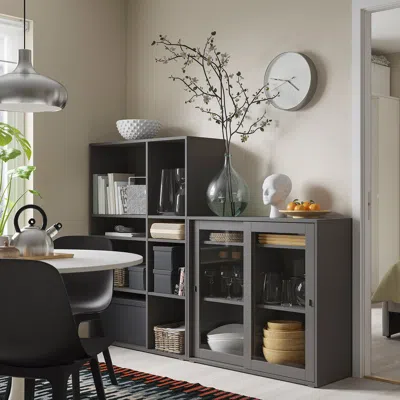 Ikea Vihals Storage Combination W/glass Doors, Dark Gray/clear Glass, 74 3/4x14 5/8x55 1/8 "