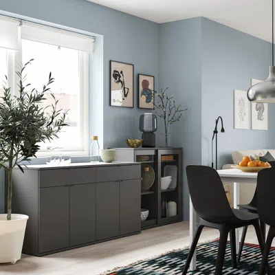 Ikea Vihals Storage Combination W/glass Doors, Dark Gray/clear Glass, 92 1/2x18 1/2x35 3/8 "
