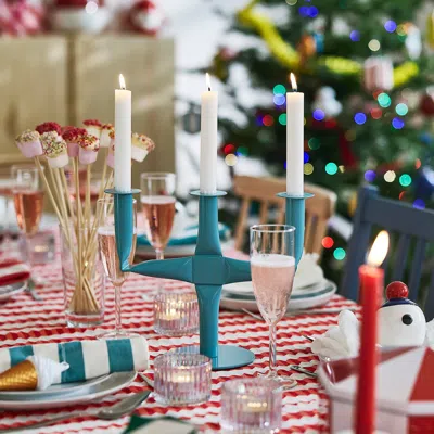Ikea Vinterfint Christmas Candlestick, For 3 Candles Turquoise, 9 " In Multi