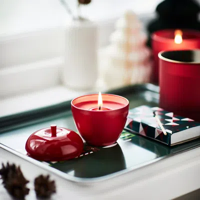Ikea Vinterfint Christmas Scented Candle In Metal Cup, Apple-shaped/apple And Cinnamon Red, 24 Hr