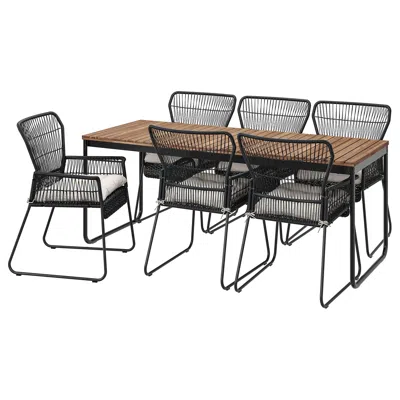 Ikea Väsman / Tallskär Table+6 Armchairs, Outdoor, Extendable Light Brown Stained/anthracite Kuddarna Lig