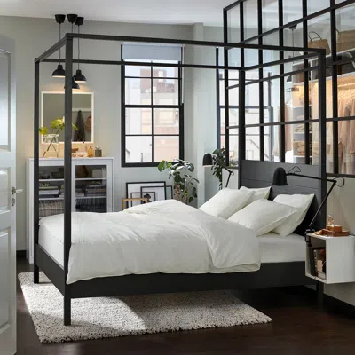 Ikea Yttervåg Four-poster Bed Frame, Black/wood, Queen