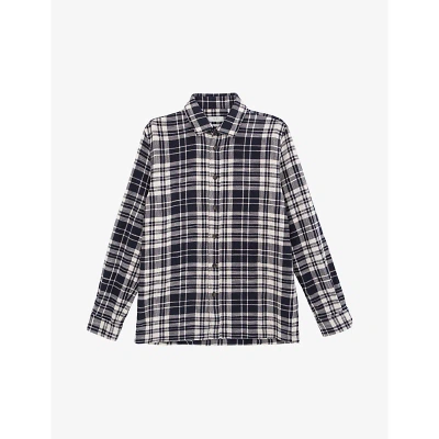 Ikks Mens Navy Check-pattern Regular-fit Cotton-blend Shirt