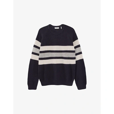 Ikks Mens Navy Stripe-pattern Crew-neck Knitted Jumper