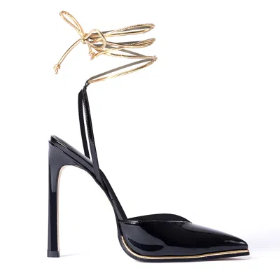 Il Fratellino Women's Heart Racer Patent Leather Pump In Black & Gold With Soft Leather Gold Ankle Wrap Tie