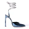 Il Fratellino Women's Heart Racer Patent Leather Pump In Blue With Soft Leather Silver Ankle Wrap Tie In Blue