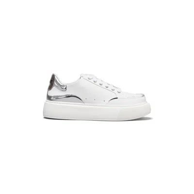 Il Fratellino Women's Off Duty White Italian Leather Sneaker With Silver Metallic Leather Finishing