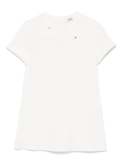IL GUFO WHITE CREWNECK DRESS WITH FLORAL PATCHES ON THE FRONT AND REAR CONCEALED ZIP CLOSURE IN VISCOSE BLEN