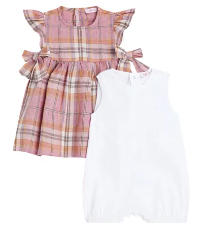 Il Gufo Baby Checked Linen Playsuit And Dress Set In Pink