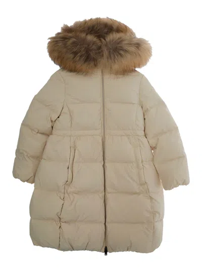 Il Gufo Kids' Beige Down Jacket With Fixed Hood And Logo Lettering Embroidery On The Sleeve In Tech Fabric Girl In Neutral
