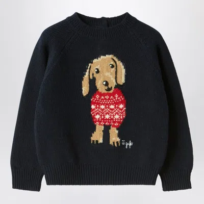Il Gufo Blue Wool Sweater With Dachshund In Black