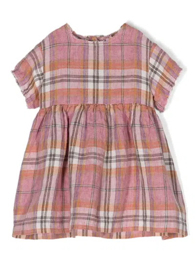 Il Gufo Babies' Check-pattern Linen Dress In 粉色