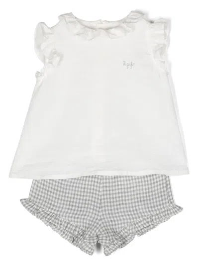 Il Gufo White Blouse And Shorts Matching Set In Linen Baby In Grey
