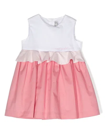 Il Gufo Babies' Colour-block Ruffle Cotton Dress In 白色