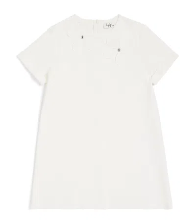 Il Gufo Kids' White Crewneck Dress With Floral Patches On The Front And Rear Concealed Zip Closure In Viscose Blen
