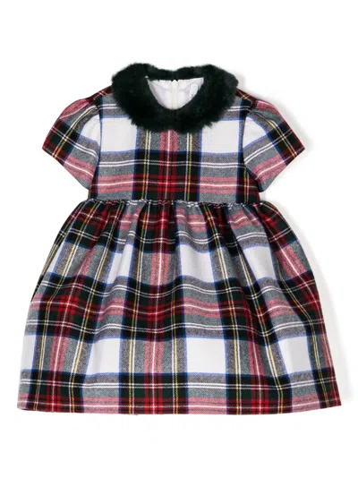 Il Gufo Babies' Faux-fur Collar Check-pattern Dress In Multicolour