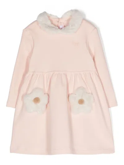 Il Gufo Babies' Faux-fur Floral-patch Dress In Pink