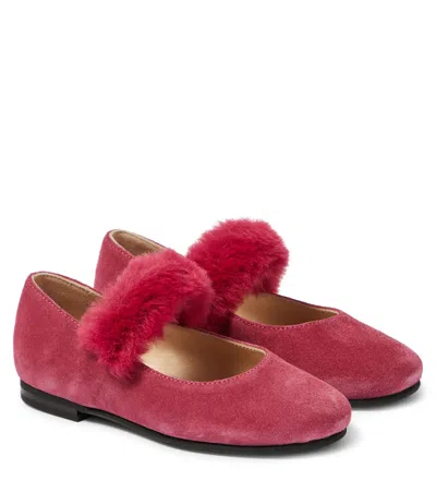 Il Gufo Kids' Faux Fur-trimmed Suede Ballet Flats In Pink